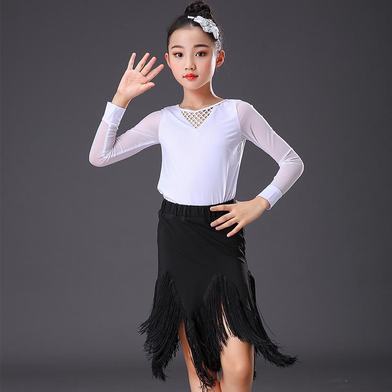 Girls' Exam Grade Latin Dance Costume Set - Long Sleeve Jumpsuit with Skirt for Autumn Practice