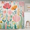 Pink Green Flower Bathroom Shower Curtain Watercolor Botanical Spring Blush Cute Plant Polyester Fabric Hooks Waterproof Decor