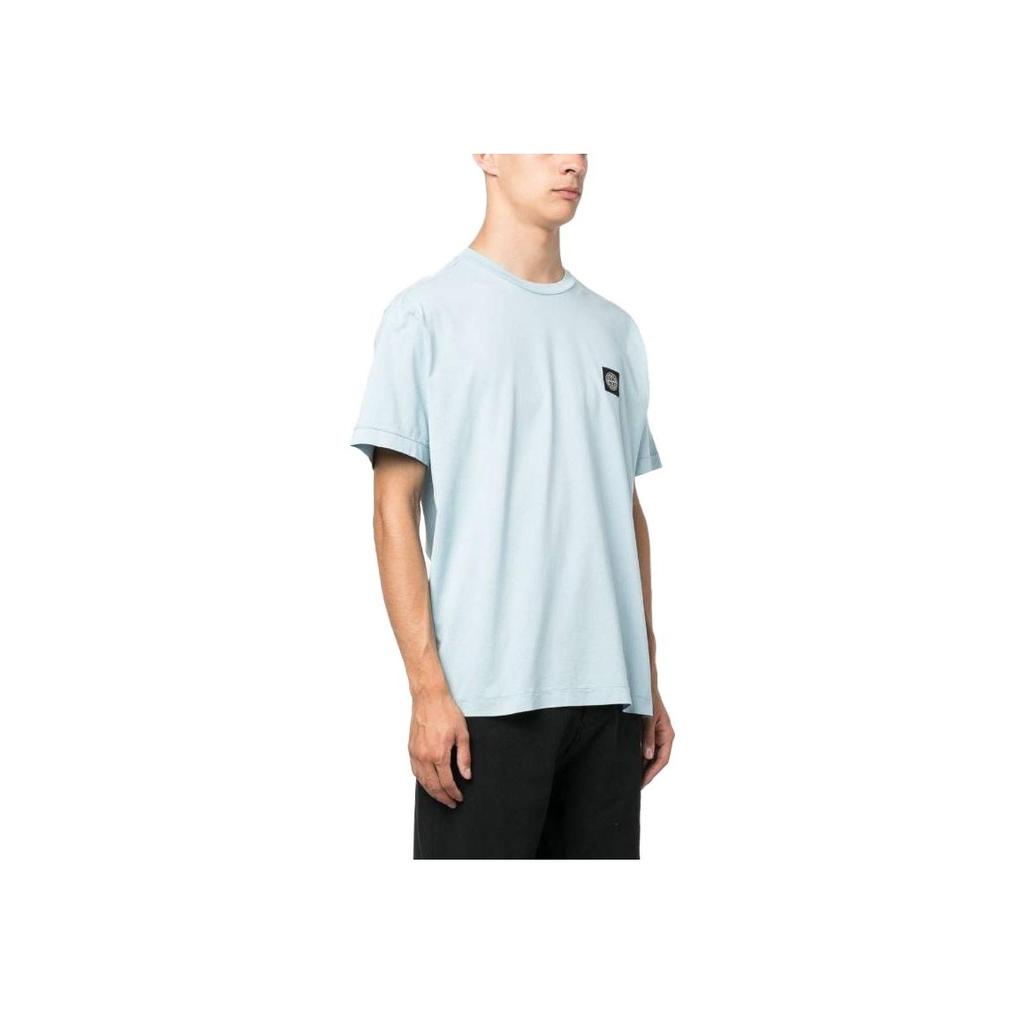 STONE ISLAND Logo Jednolity Kolor Okrągły Dekolt Sweter Prosty Krój Krótki Rękaw Koszulka Męskie Góry Jasnoniebieski 791524113-V0041
