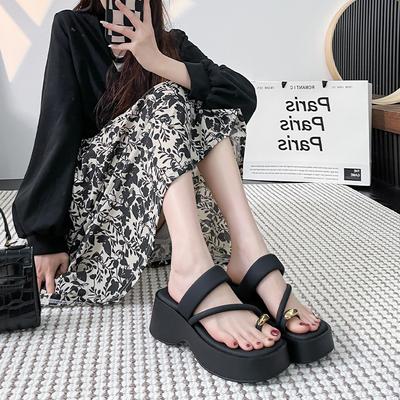 Platform Slippers Women's Outer Wear Spring and Summer New Heightening Muffin Bottom Summer Toe Flip-flops Shoes Versatile Beach Sandals