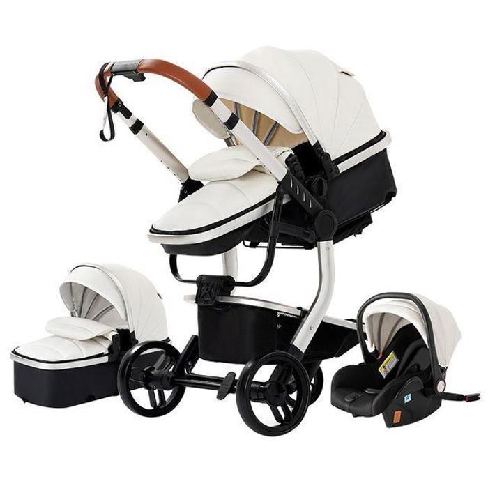BAZARLAND30 3-in-1 Baby Stroller Combined Car Seat Bassinet Trio Reversible PU Leather Puncture-Proof Wheels White Handle. bianco