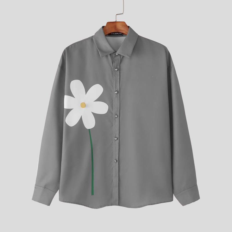 

INCERUN Мужские рубашки свободного покроя с отложным воротником, длинным рукавом, пуговицами, цветочным принтом M серый