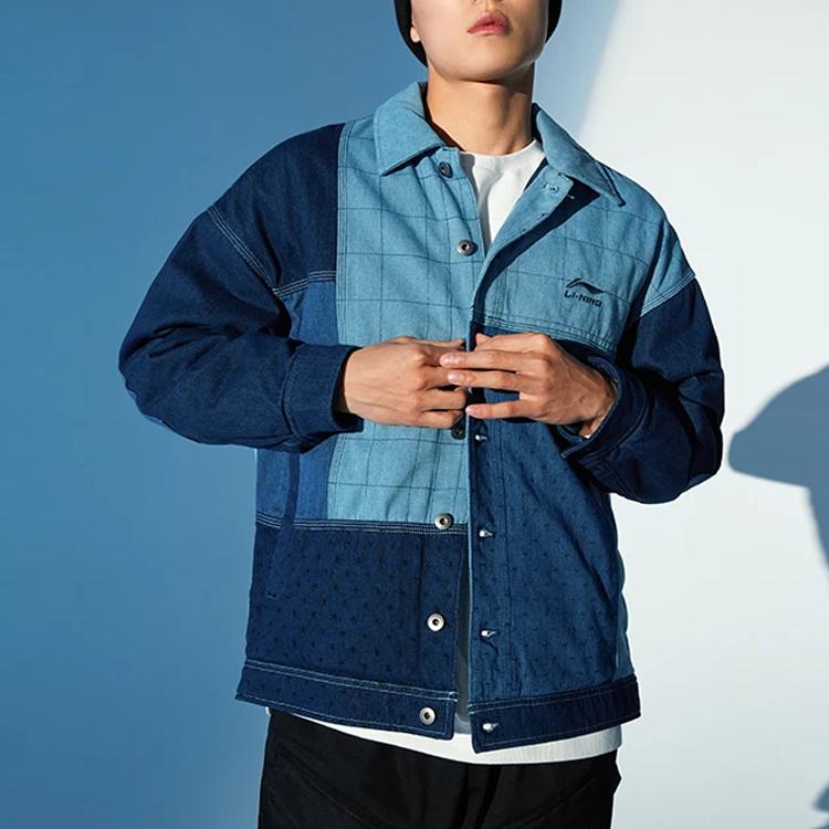 Li Ning Wu Chuang Wu Yi Color Block Splicing Single-Breasted Loose Cotton Jacket Men Jacket Blue AJDR427-1