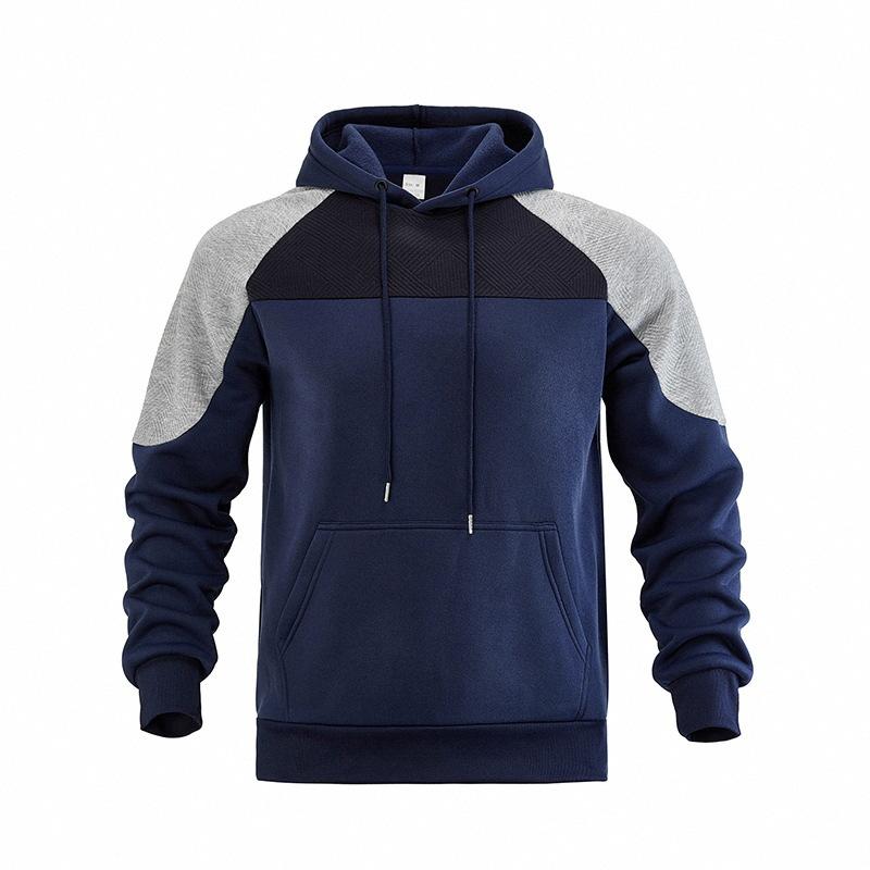 Men's Color Block Raglan Hoodie, Contrast Spliced Textured Long Sleeve Drawstring Pullover Hooded Sweatshirt with Kangaroo Pocket