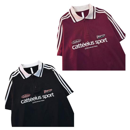 Unisex T-shirt Men Women Striped Letter Decoration Lapel Short Sleeve T-Shirt Casual Loose