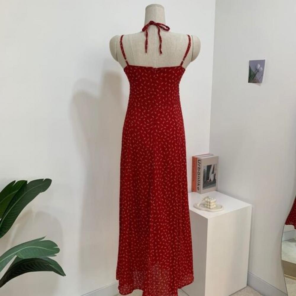 C S In The Room Flower ShirrIng Halter neCk Long dreSS 2Color C
