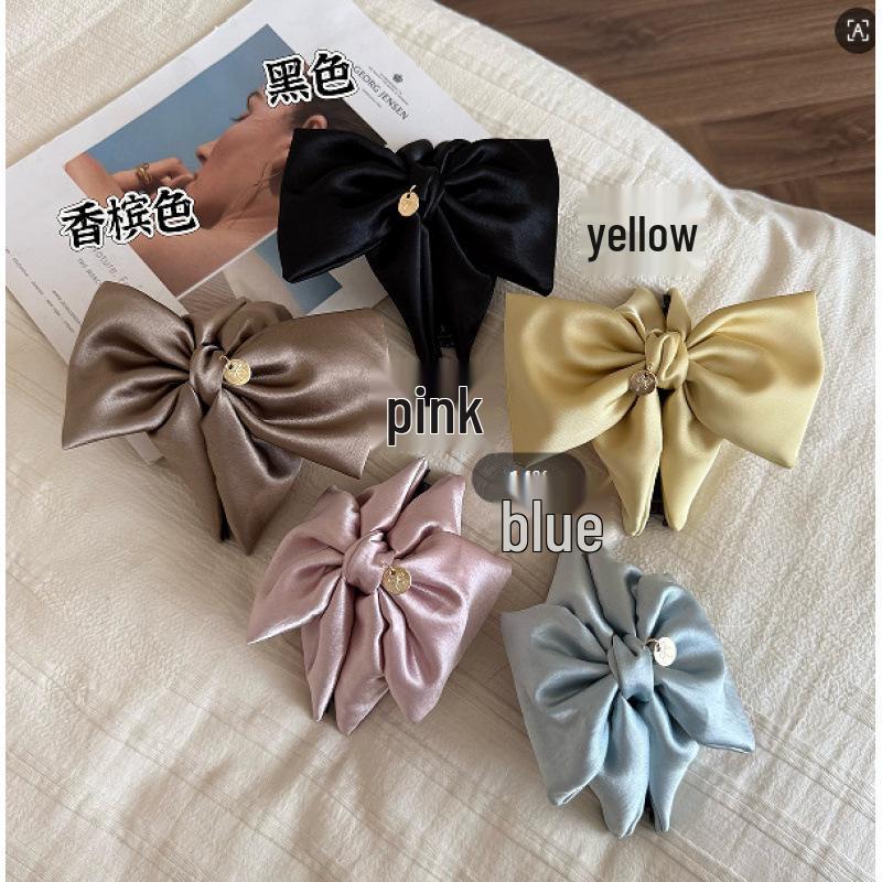French Satin Double-Layer Bow Hair Clip - 13cm, Triangle Claw Clip for Two-Way Wear