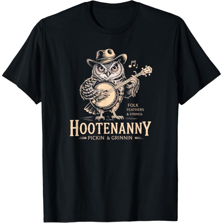 Hootenanny Owl Playing Banjo Country Guitar Music T-Shirt S