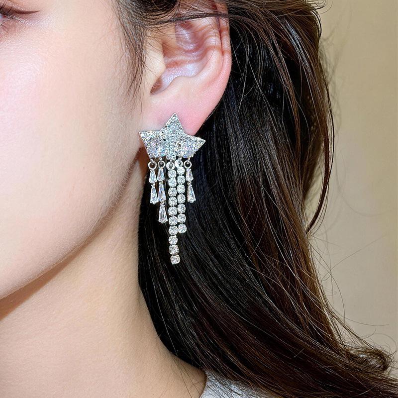 18k Gold Plated Star Tassel Zirconia Ear Clip Earrings: Fashionable and Elegant Design for Women