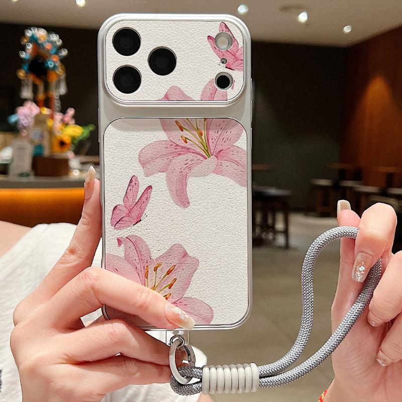 Watercolor Flowers Print Leather Lanyard Case For iPhone 18 Pro Max Hybrid TPU+PU Anti-skid Soft Cover For iPhone 17 16 15 14 13 Pro Max