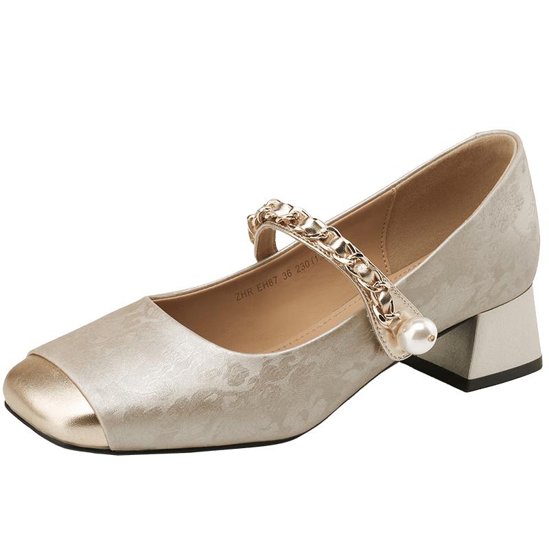 ZHR Women s New Chinese Style Pearl Chunky Heel Shoes 38