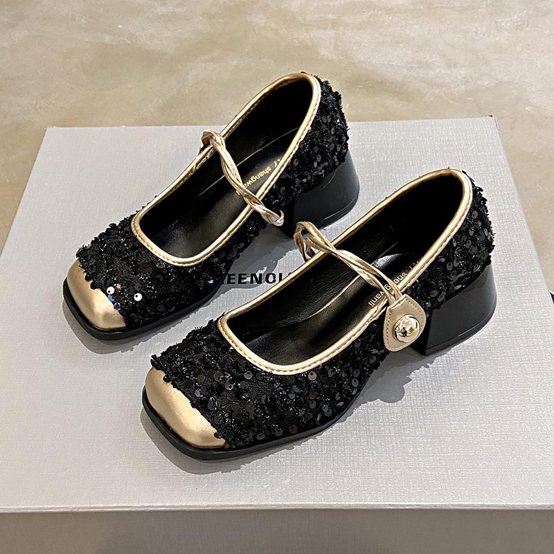 Aphixta 2024 New 5cm Med Heels Mary Janes Square Toe Silk Upper Women Shoes Elegant Shallow Pumps Tacones Para Mujer