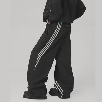 Unisex Schwarz Gestreifte Weitbeinige Retro Sporthose - Frühling/Sommer Lässig Lockere Passform