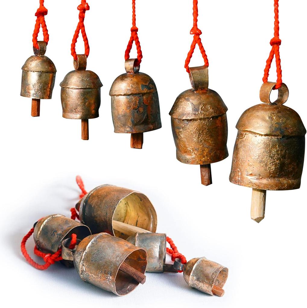Handmade Rustic Wind Chimes for Outside with 5 Brass-Coated Metal Bells 30 Inch – Boho Outdoor Patio, Garden, Balcony & Farmhouse Decor