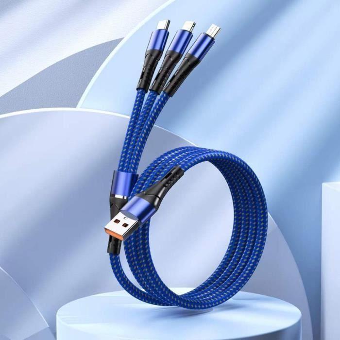Câble USB 3 en 1 Multifonction pour Samsung Galaxy A54 A14 4G-5G A34 M13, M23 5G, Câble USB-C Micro-USB Bleu
