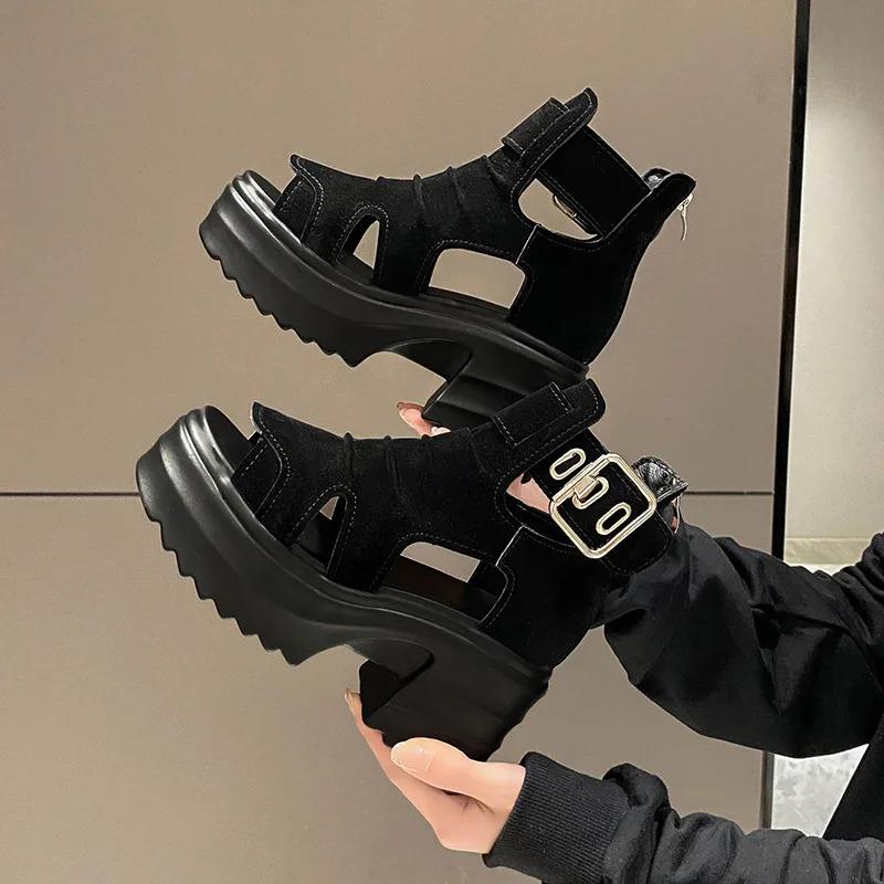 Platform Sandalias Female Hollow Fashion Sandals Boots Fish Mouth High Help Heel Summer Casual2024 Versatile Black Zapatos Mujer