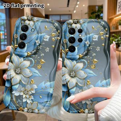 Phone Case: 2D Flat Samsung Galaxy A34 A35 M05 M06 S20 S22 S21 FE Plus 5G Cover, Blue and Gold Diamond Flower Design, Christmas and Halloween Gift