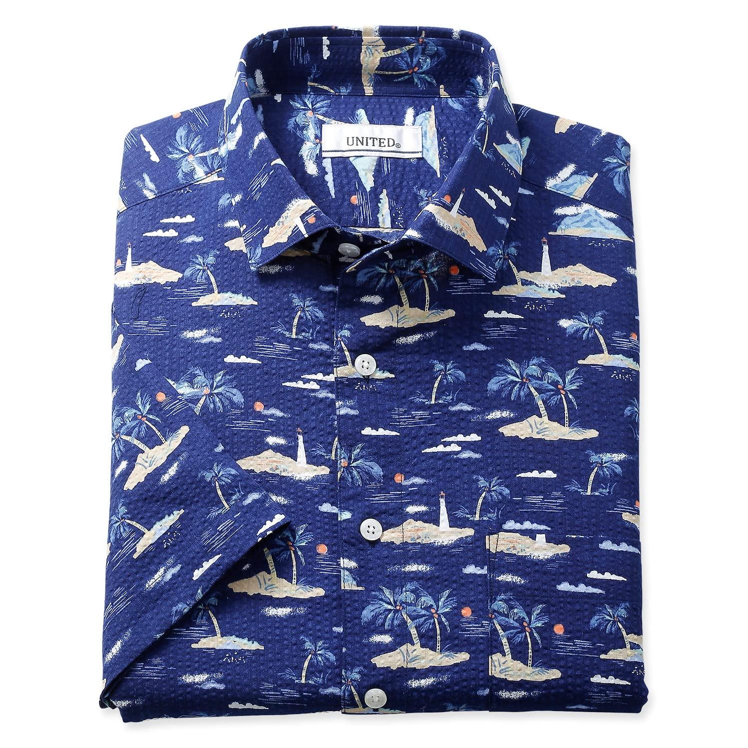 

Ripple Print Short Sleeve Shirt Made in Japan Palm [UNITED] Men s (LL, Navy)