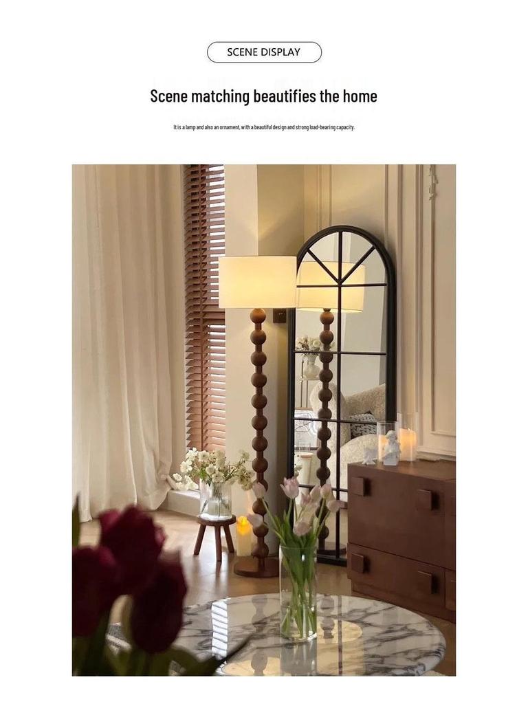 Mid-Century American Retro Floor Lamp with Walnut Finish and Fabric Shade