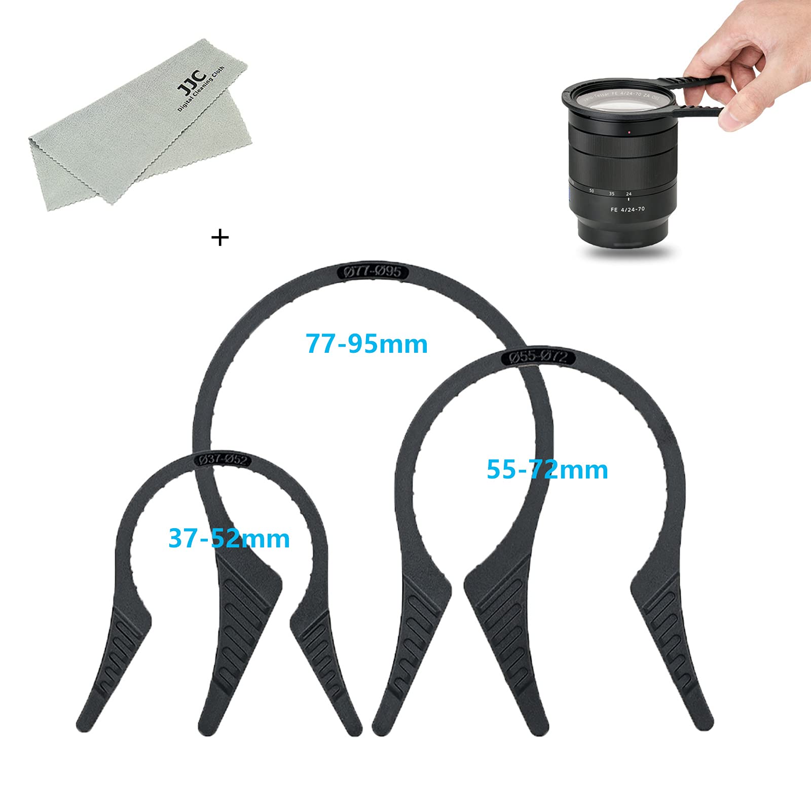 

3-Pack JJC Filter Wrench, Filter Loose, 37-52mm, 55-72mm, 77-95mm Thread, Suitable for CPL, UV, ND Filters, Lens Cloth Included