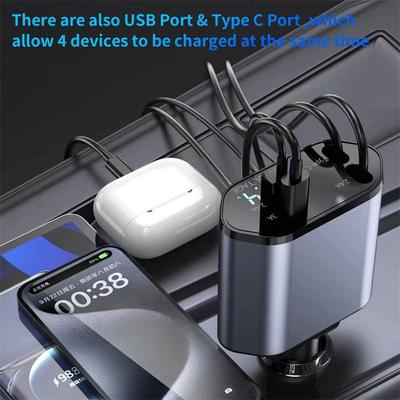 4 In 1 120W Car Charger Retractable Car Cigarette Lighter Adapter Usb Type C Fast Charger Cable For Iphone Xiaomi Huawei Samsung