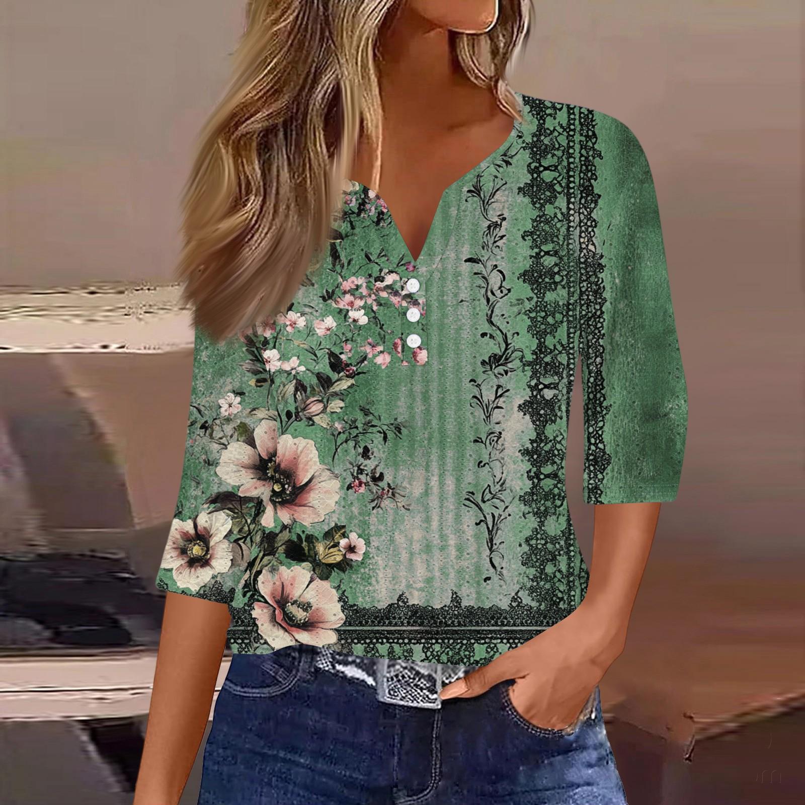 

Жен. Футболка Футболка С принтом Пуговицы Рукав 3/4Ежедневно Выходные Мода Классический Топ с v-образным вырезом Обычный L