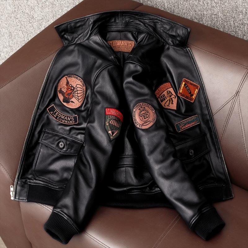 Genuine Sheepskin Leather Jacket for Men Faux Fur Collar Quilted Lined Stylish Bomber Flight Coat