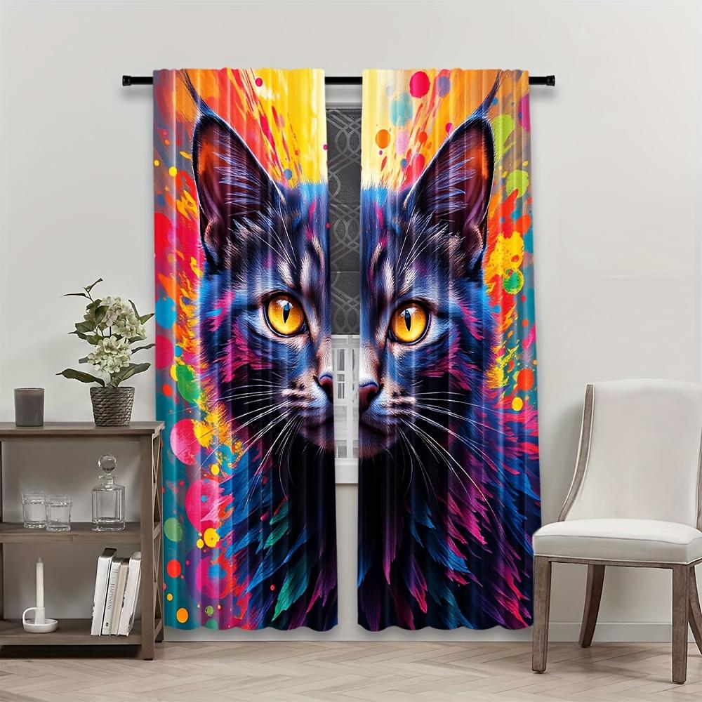 Set Of 2 Vibrant Cat Art Print Curtains Colorful Abstract Design Semi Transparent Polyester Easy Hanging Perfect Curtain With Rod Pocket