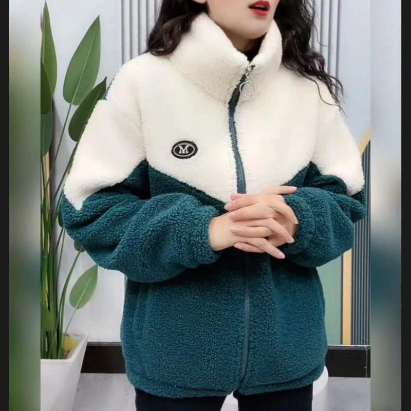 Imitation Lamb Wool Jacket for Women, Warm and Casual Jacket with Thick Fleece and Stand Up Collar Zipper, Autumn and Winter Women's Jacket