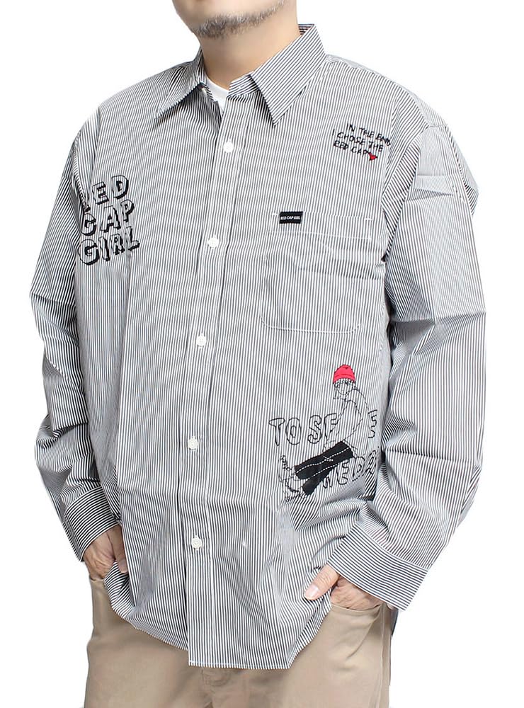 

One Colors RED CAP GIRL Men s Striped Shirt with Logo Print, Long Sleeve, Size 3L, Black