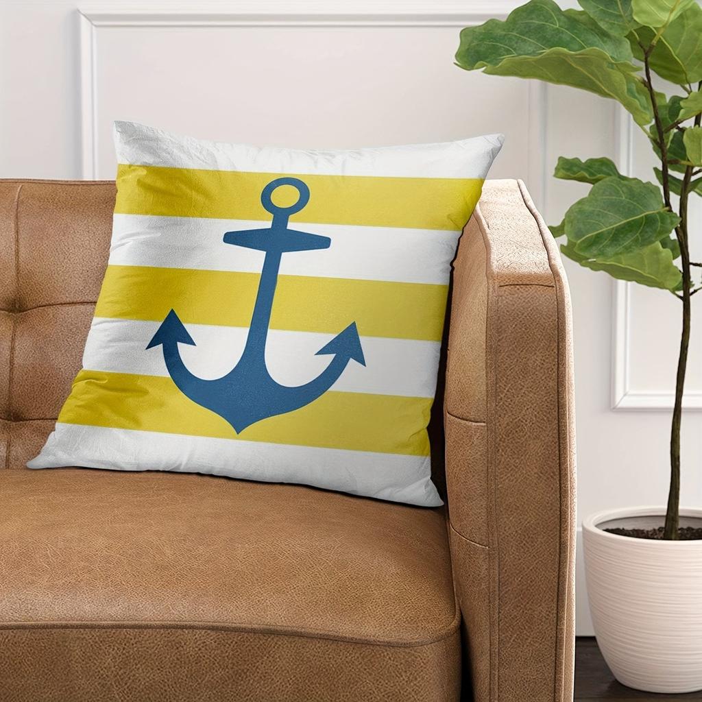 1 Piece Navy Blue Anchor and Yellow Ocean Stripe Polyester Pillowcase - Modern Nautical Home Decor