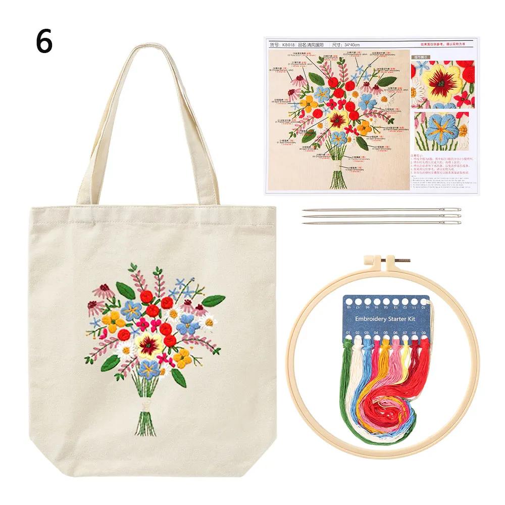 Canvas Tote Bag Embroidery Kit Flower Pattern DIY Needlepoint Kits Crafts Needle and Thread Kit Embroidery Kit for Beginners