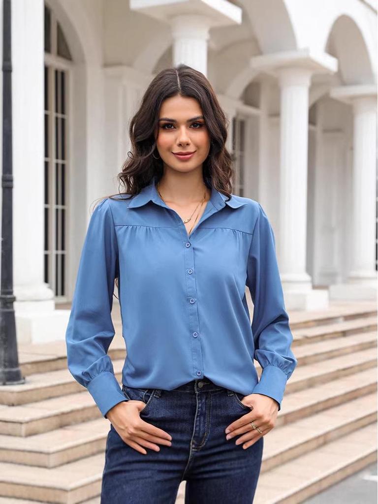 Women's Solid Color Stand Collar Loose Long Sleeve Button-Up Shirt