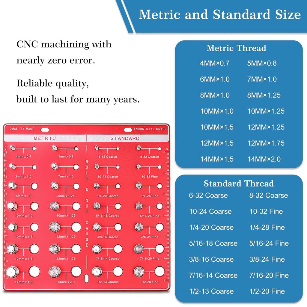 Thread Checker, 28 Nut and Bolt Thread Checker, Bolt Size and Thread Gauge, Thread Checker Standard and Metric, Vktoma Aluminum Bolt and Nut