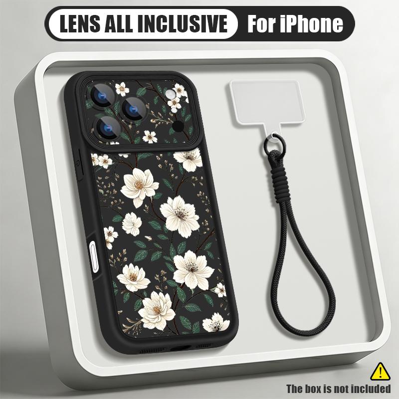 Shockproof Lanyard Case For iPhone 17 Pro Max 17e iPhone 16 15 14 13 Pro Max Vintage White Flower Soft Silicone Bumper Cover