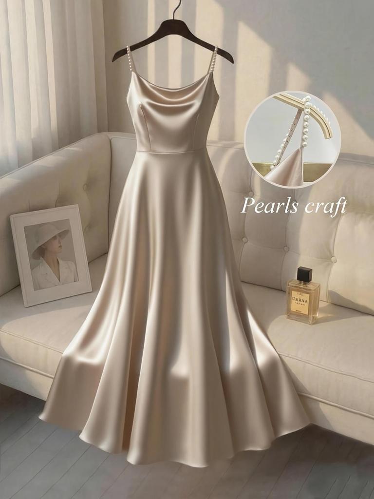 Elegant Beaded Waist-Cinched Satin Gold-Plated Formal Princess Long Dress, 2026 Style