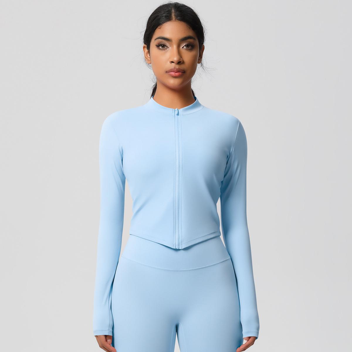 

Женская высококачественная спортивная куртка на молнии, пальто, сжатое, быстросохнущее, суперэластичное, подходит для бега, фитнеса, тренировок, йоги S небесно-голубой
