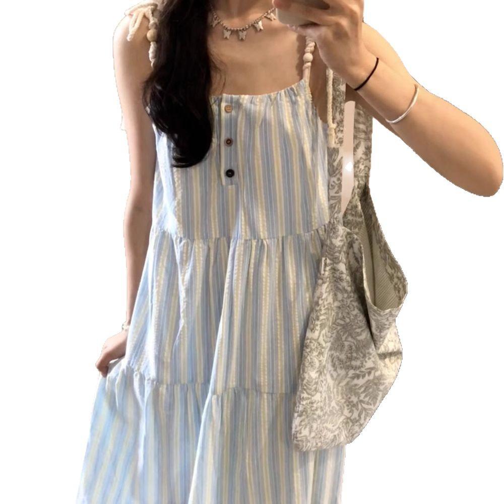 Holiday Style Striped Suspender Dress Women's Summer New French Temperament Loose Small Fresh Blue Dress