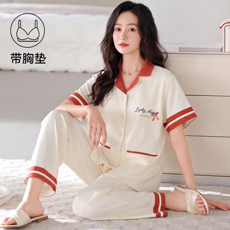 Pajamas with chest pads women's summer thin cotton short-sleeved trousers large size casual relaxation cardigan loungewear set