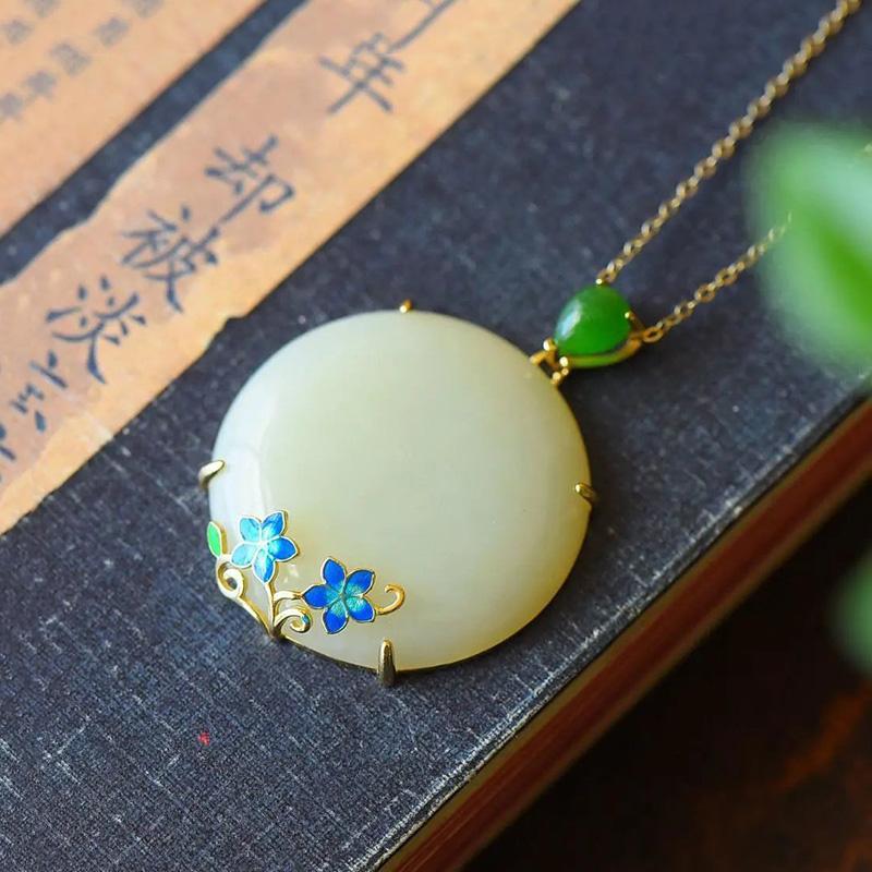 New Natural Hetian Jade Flower Enamel Porcelain Round Pendant Women's Necklace Exquisite Chinese Charm  Jewelry
