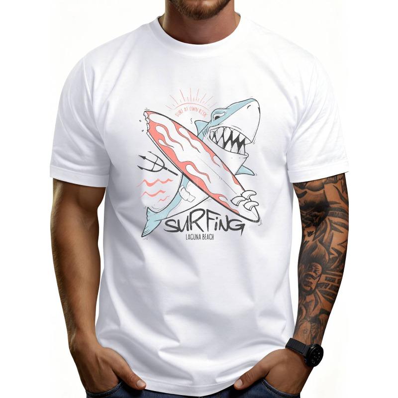European Size Casual Summer Style Men''S T-Shirt Shark Surfing Design Laguna Beach Theme Perfect for Beach Days And Warm Weather Ideal Gift