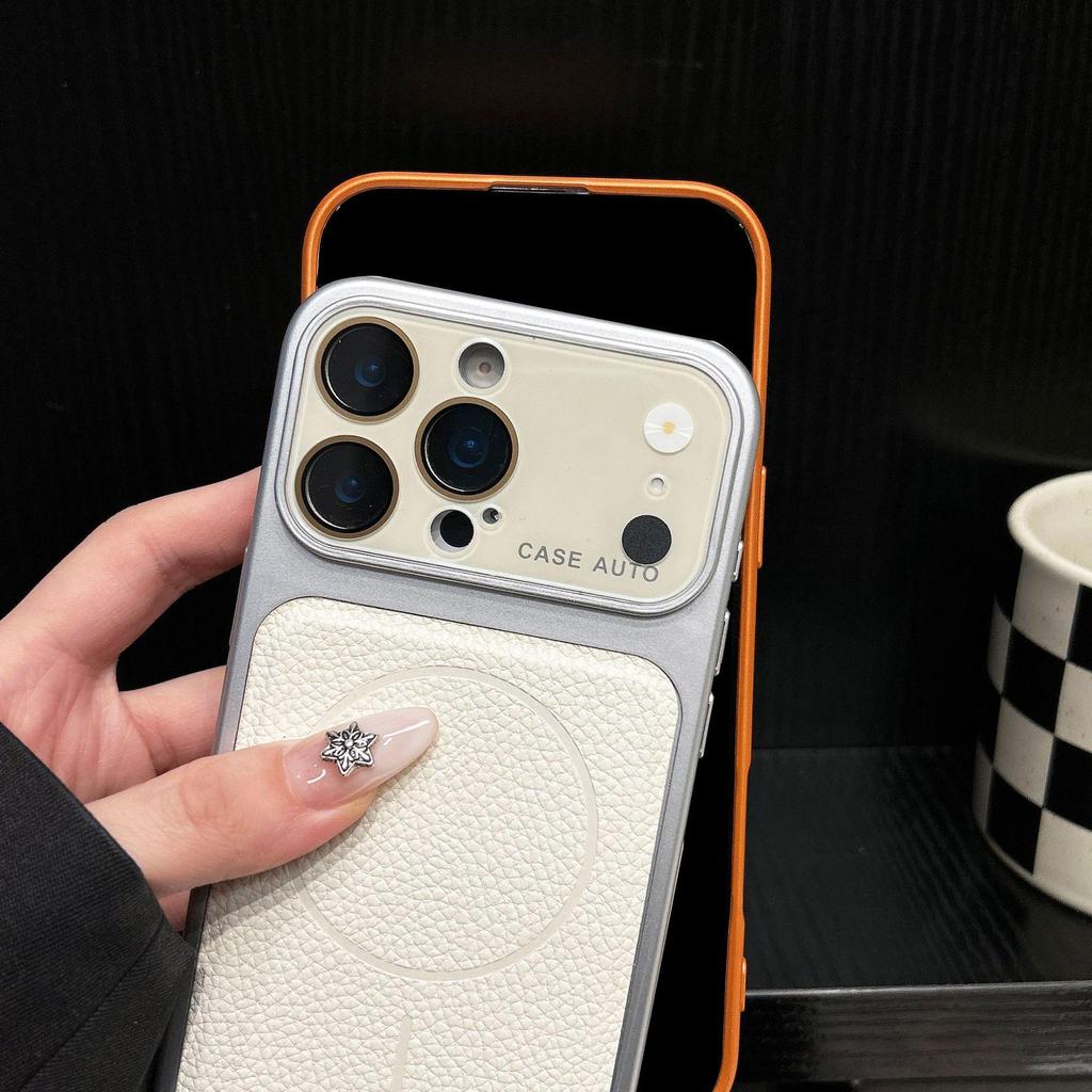 Magnetic Lychee Leather Phone Case for iPhone 17 Pro Max with Crystal Lens Protection