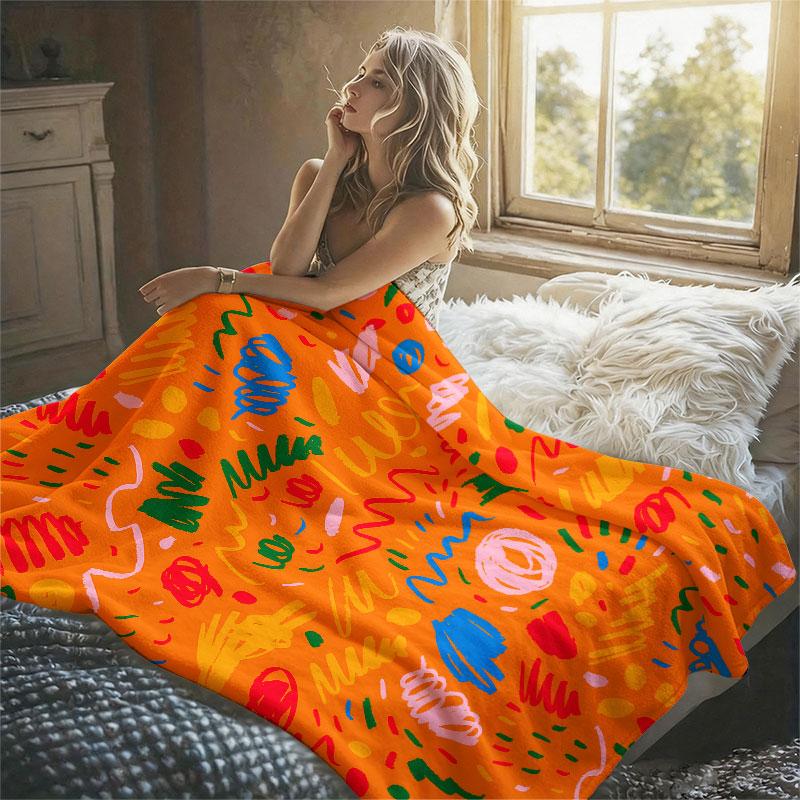 Scribble Doodles Orange Flannel Blanket Perfect for Sofa Office Bed Travel Sleep Read Relax Camping Four Season Use