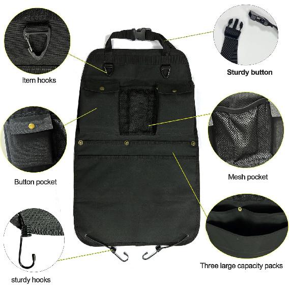 Black Car Seat Back Organizer with Multiple Pockets and Hooks