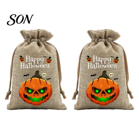 Lightweight Candy Carriers 2Pcs Halloween Pumpkin Drawstring Bags for Treats, Retro Burlap Pattern Party Favors Trick or Treat Bags, Portable