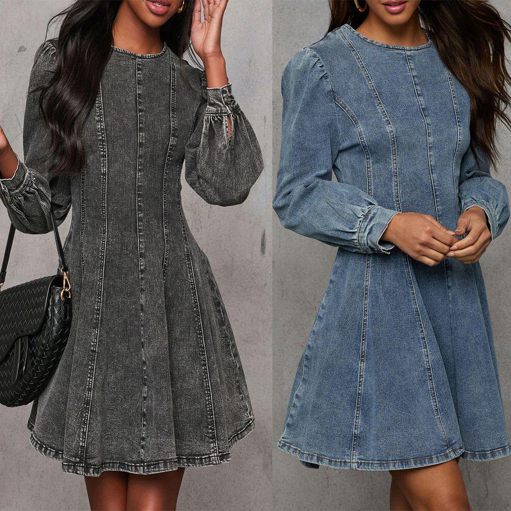 Elegant Autumn Patchwork Waist-Cinching Denim Dress - Long-Sleeved for Women