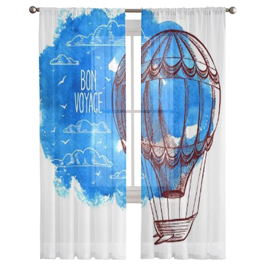 Retro Kort Flygende Ballong Blå Chiffon Gjennomsiktige Gardiner for Stue Soverom Kjøkken Dekorasjon Vindu Voiles Tyllgardin