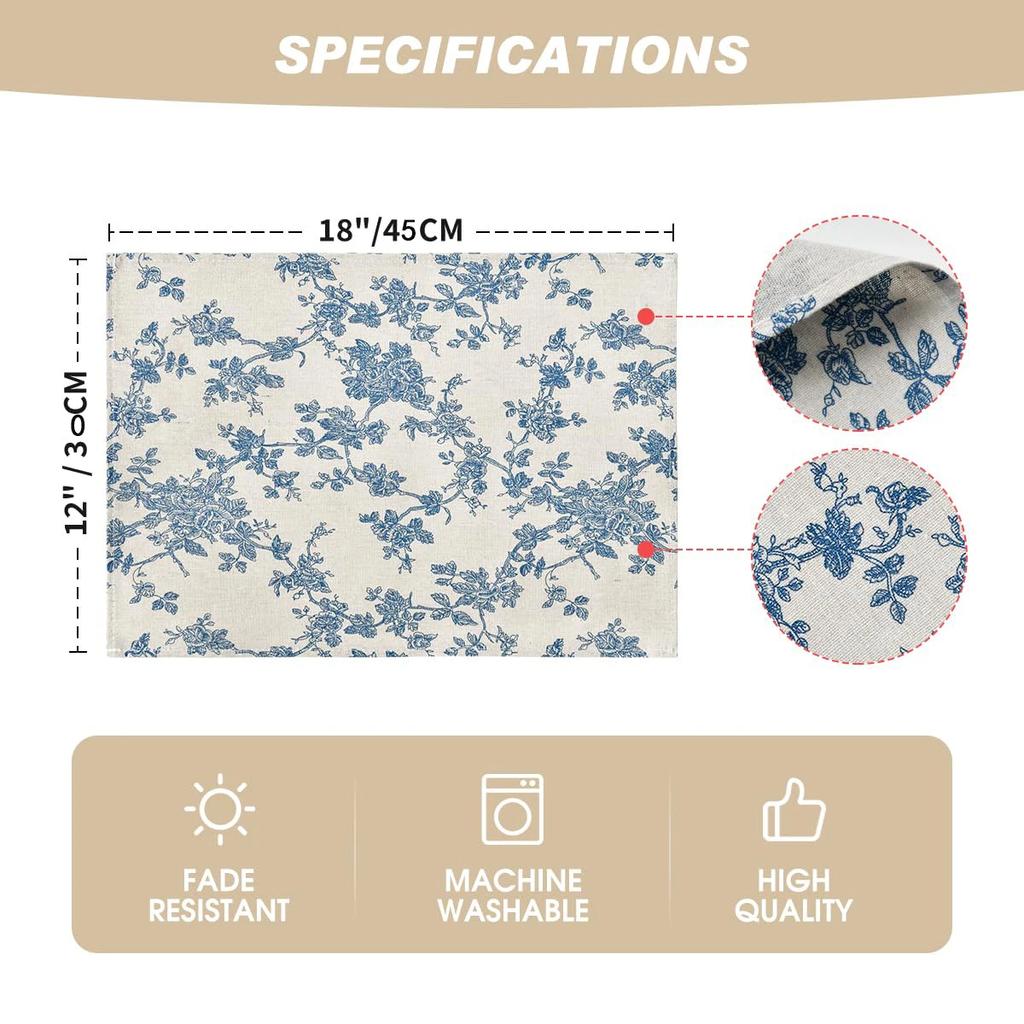 1PC French Pastoral Cloth Placemat Washable Modern Simple Table Mat Coffee Table Plate Pad Blue Floral Cotton Fabric Home Decor