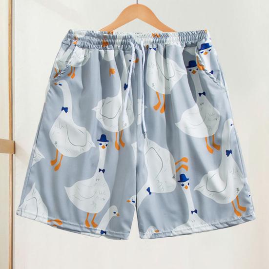 Men Beach Shorts Elastic Waist Adjustable Drawstring Cartoon Goose Print Beach Shorts Quick Drying Leisure Shorts