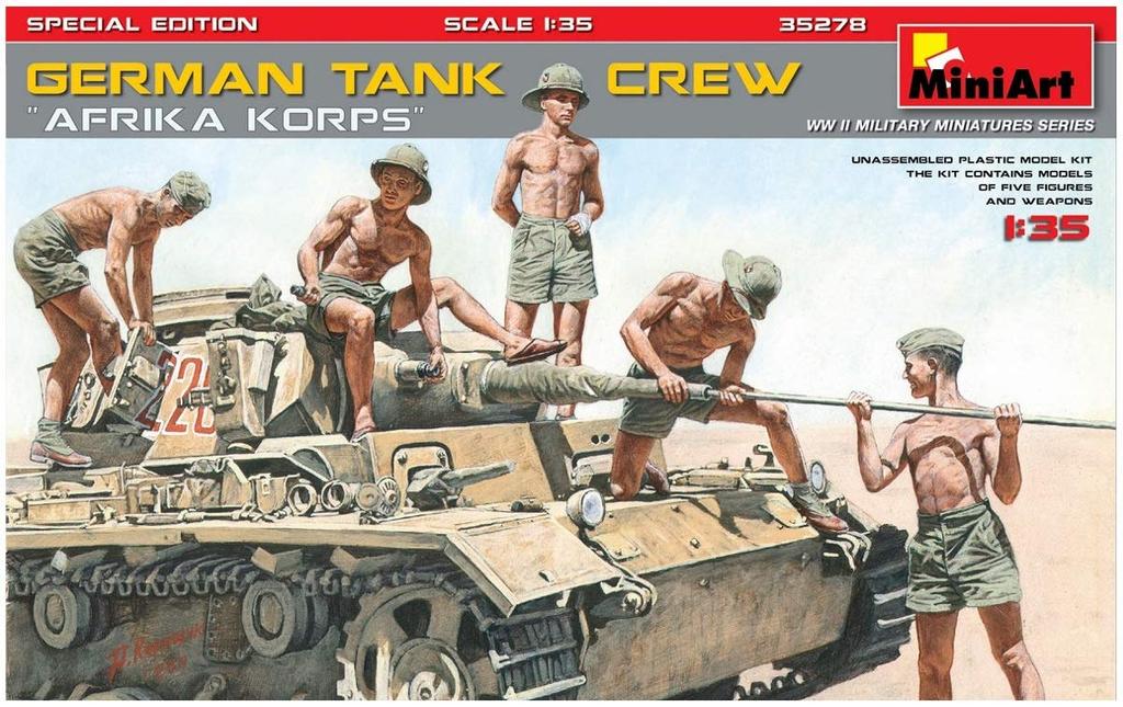 Miniart 1/35 Scale German Tank Crew Africa Corps Figure Set (5 Figures) with Weapons and Equipment, Plastic Model Kit MA35278